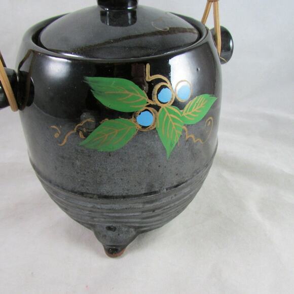 Footed Biscuit Jar Black Glazed Terracotta Fruit Motif Japan Wicker Handle - Picture 4 of 9